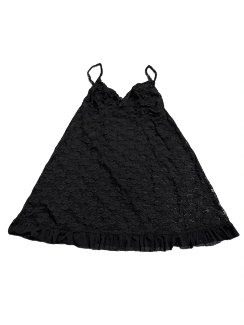 90s European Vintage Lace Mini Slip Dress w Ruffle Hem (Black) Size S/M